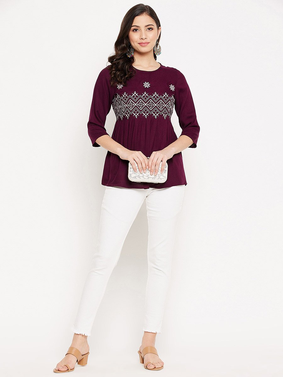 Women Purple Embroidered Rayon Peplum Top