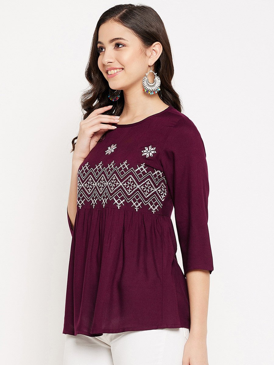 Women Purple Embroidered Rayon Peplum Top