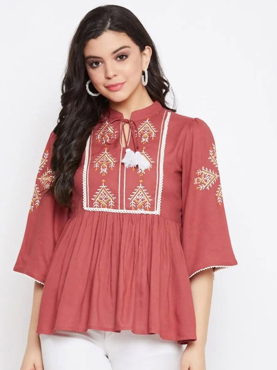 Women Maroon Embroidered Rayon Top