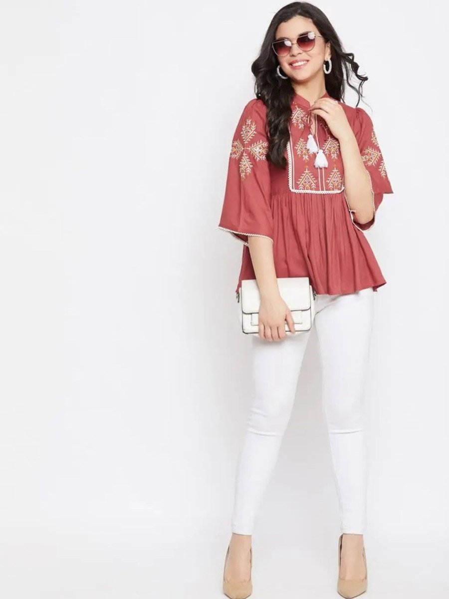 Women Maroon Embroidered Rayon Top