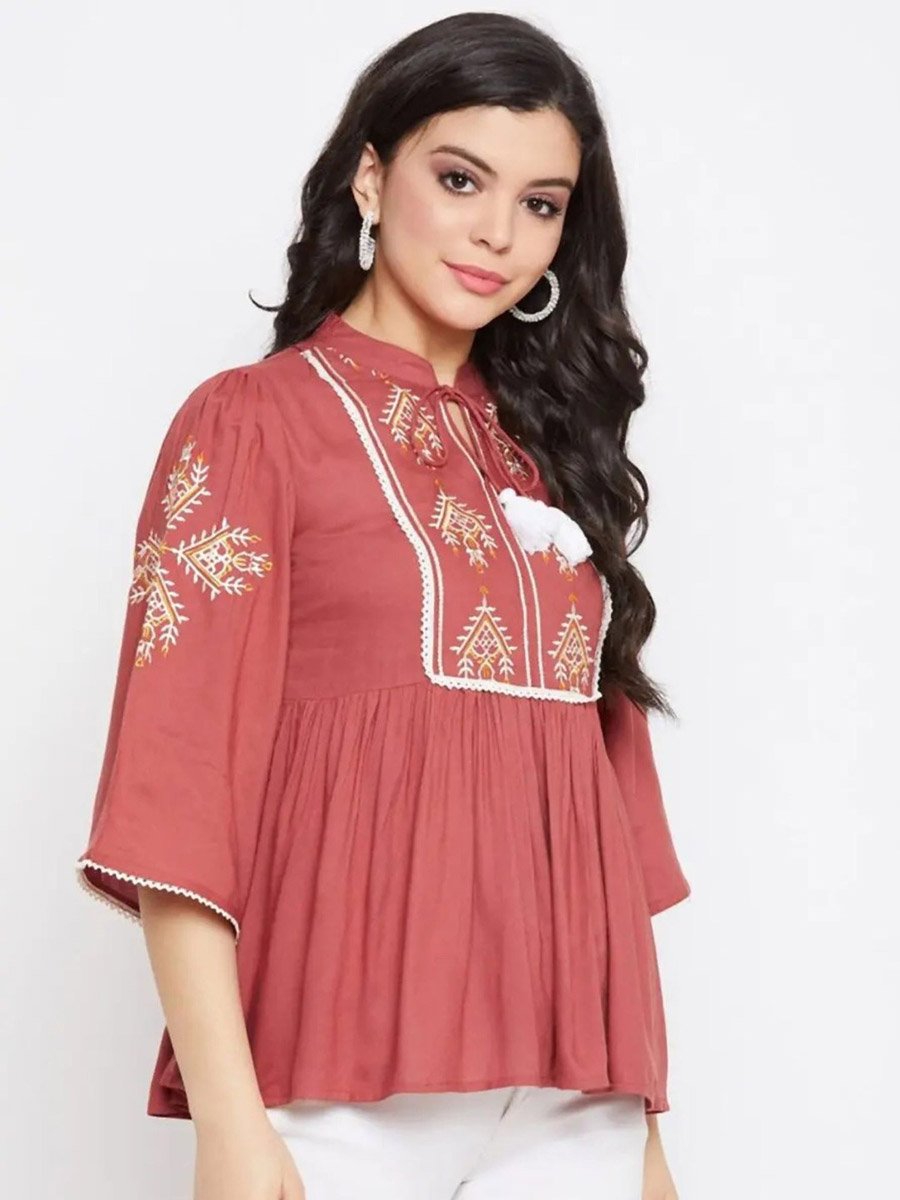 Women Maroon Embroidered Rayon Top