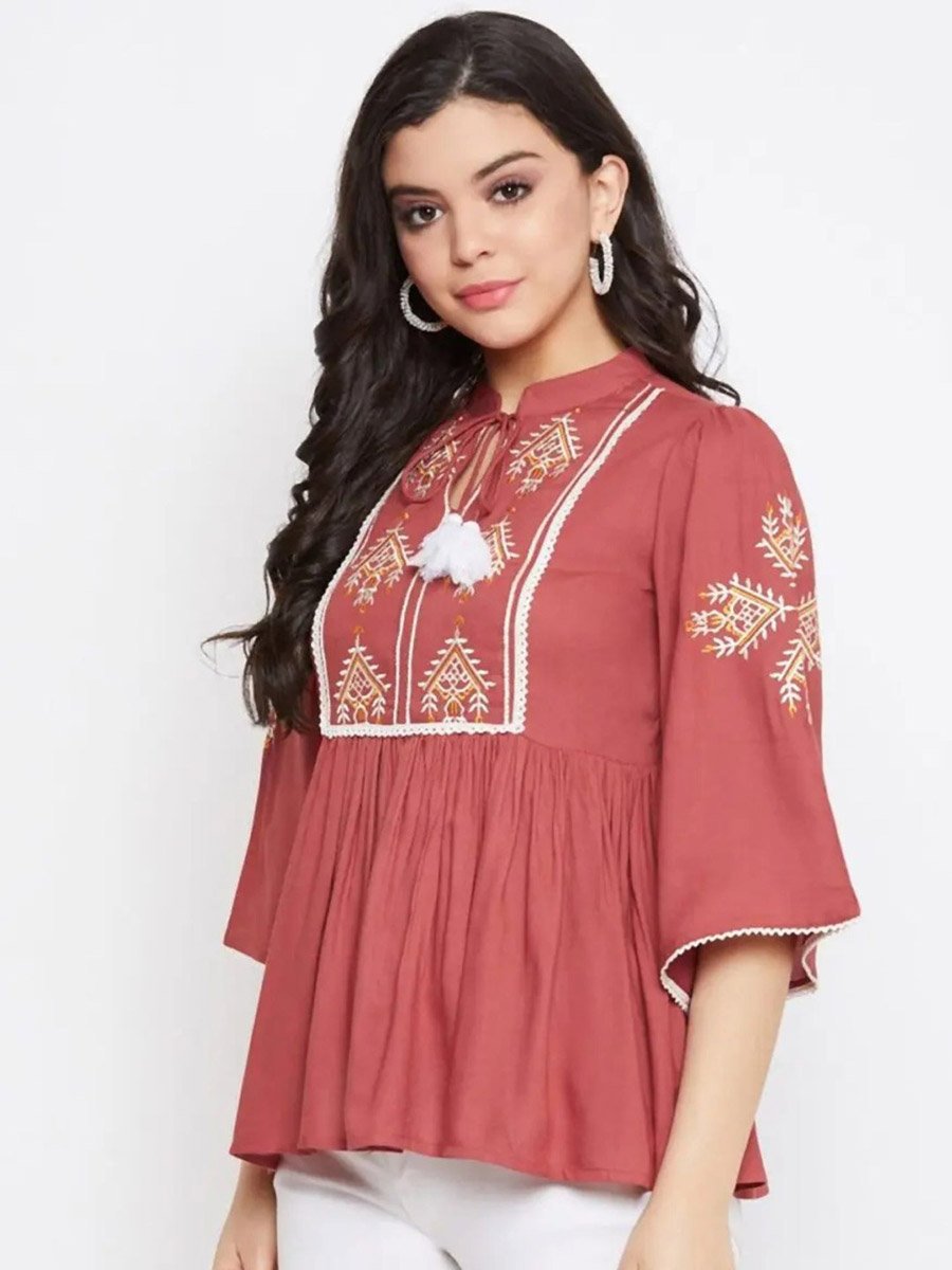 Women Maroon Embroidered Rayon Top