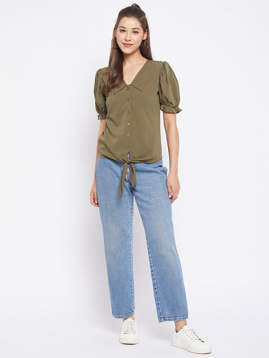 Women Olive Green Button-Down Top