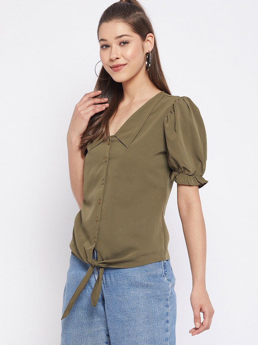 Women Olive Green Button-Down Top