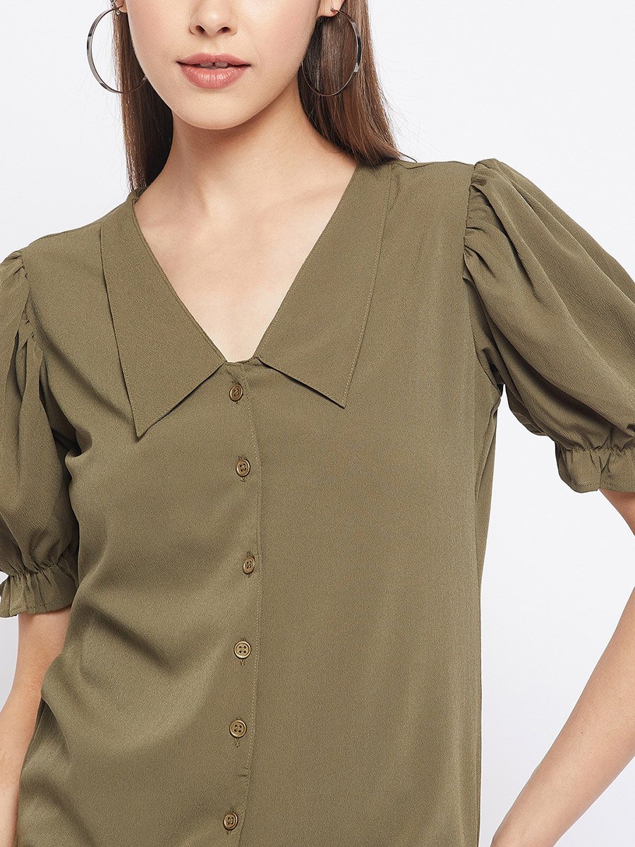 Women Olive Green Button-Down Top