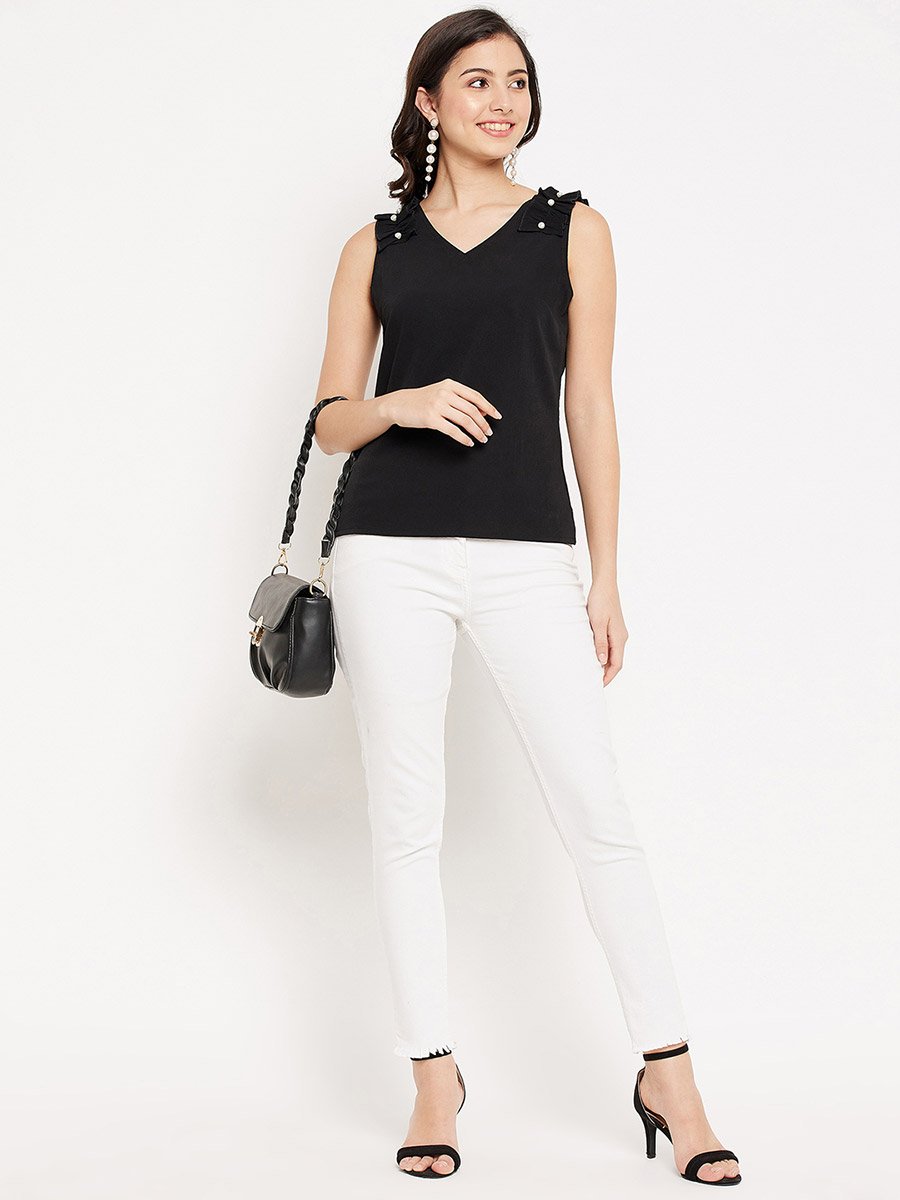 Women Black Sleeveless Top with Frill Detail