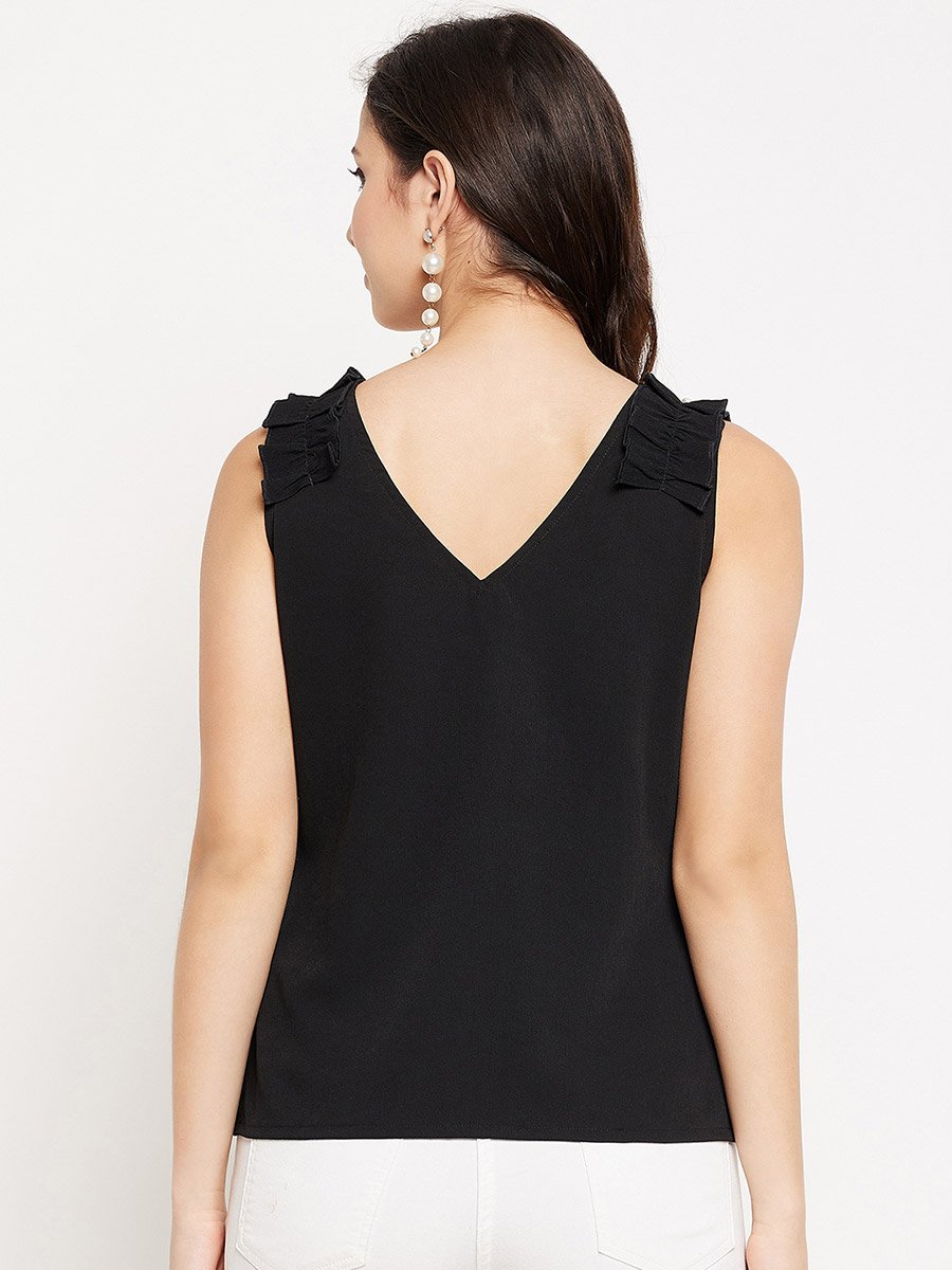 Women Black Sleeveless Top with Frill Detail