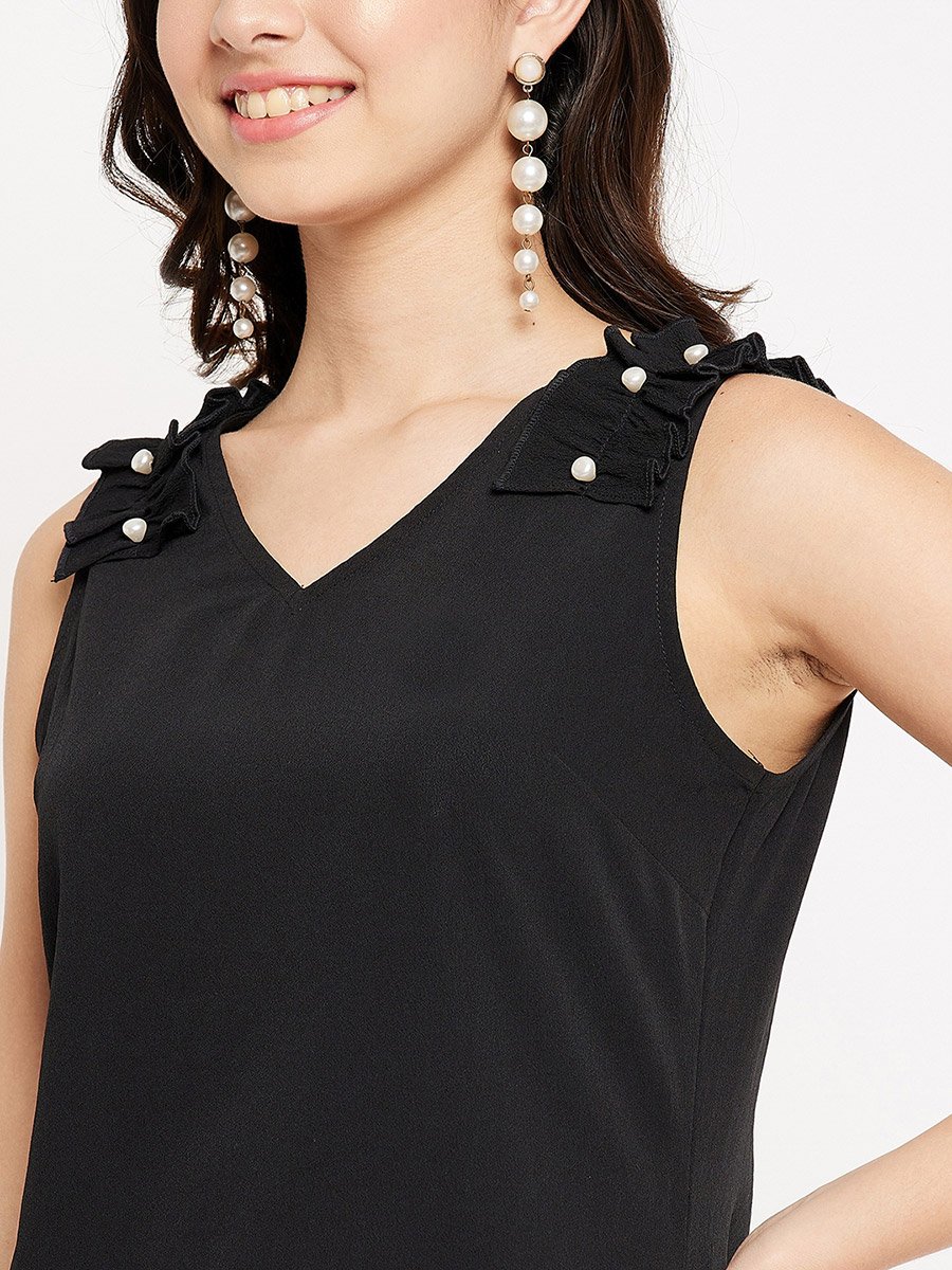 Women Black Sleeveless Top with Frill Detail