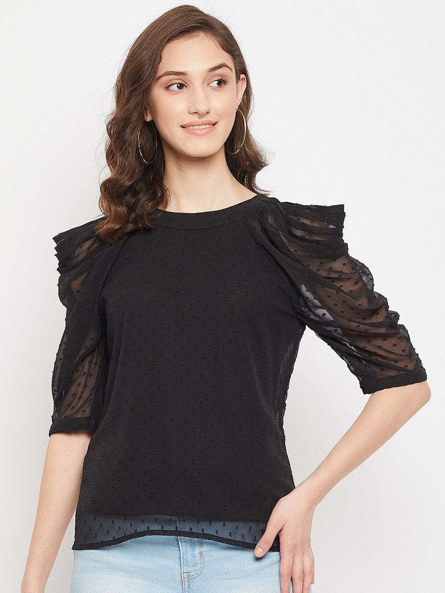 Women Black Mesh Puff Sleeve Top