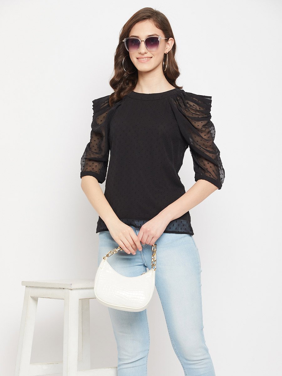 Women Black Mesh Puff Sleeve Top