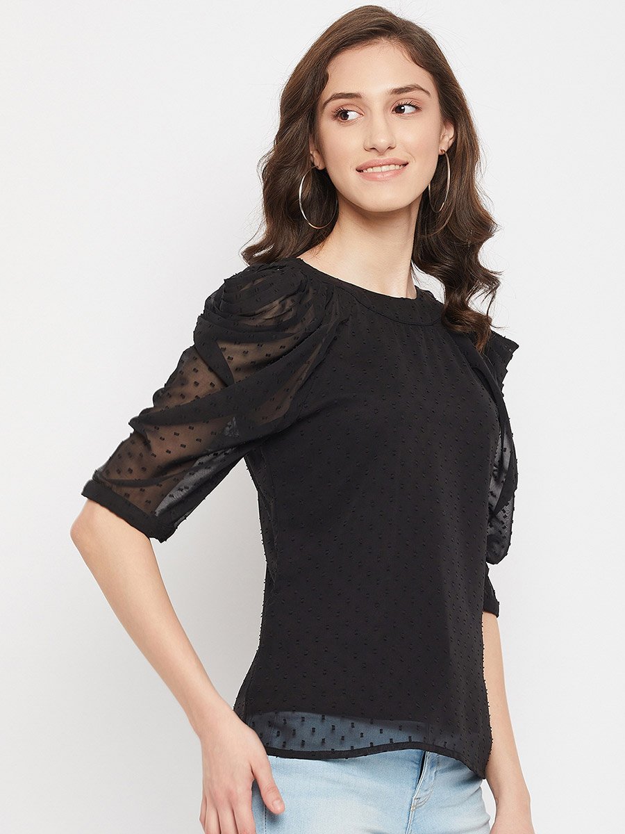 Women Black Mesh Puff Sleeve Top