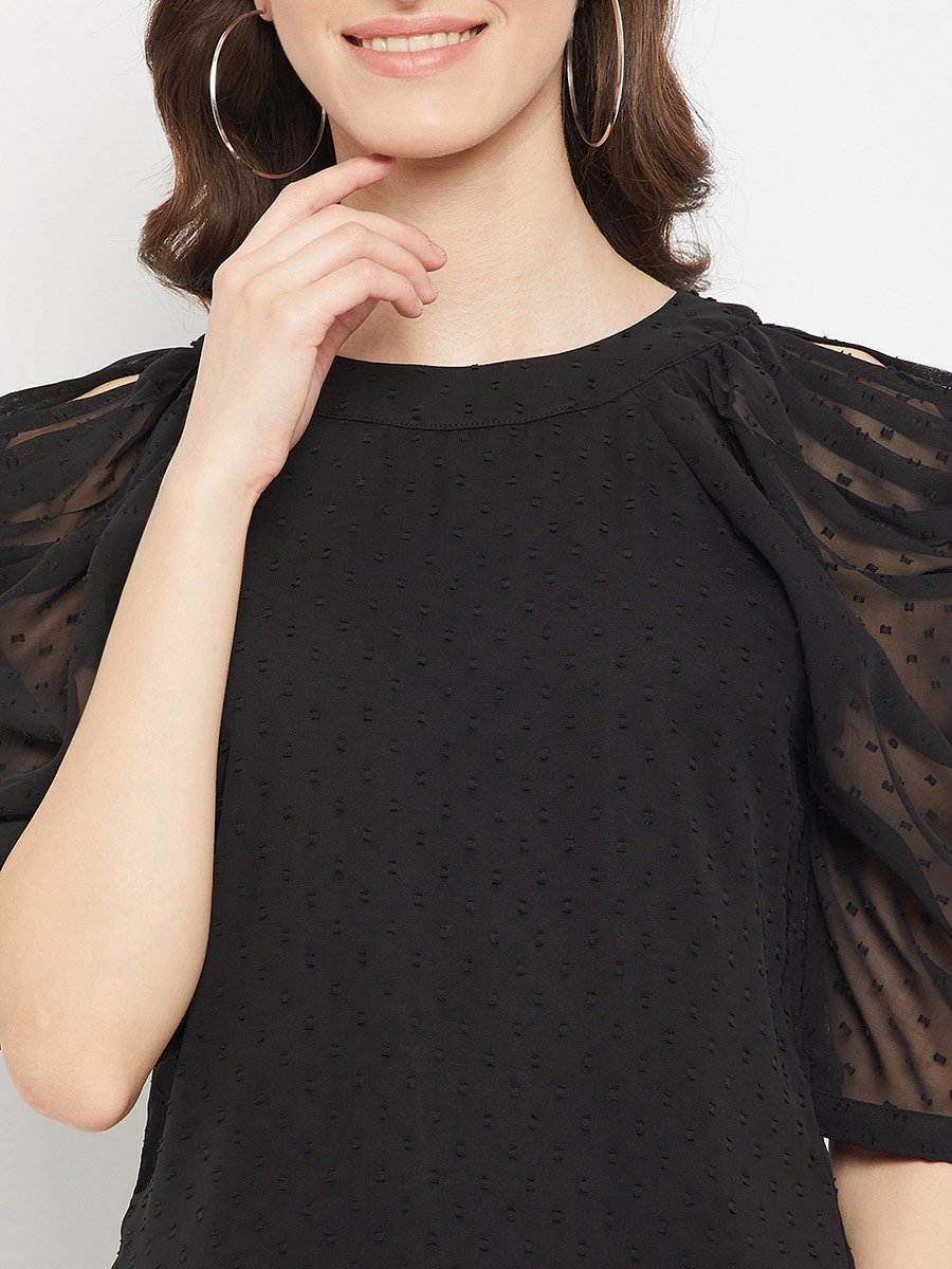 Women Black Mesh Puff Sleeve Top