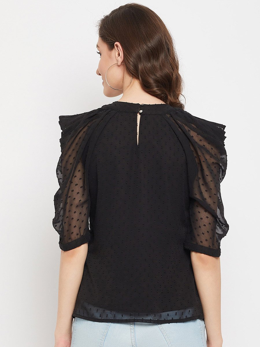 Women Black Mesh Puff Sleeve Top