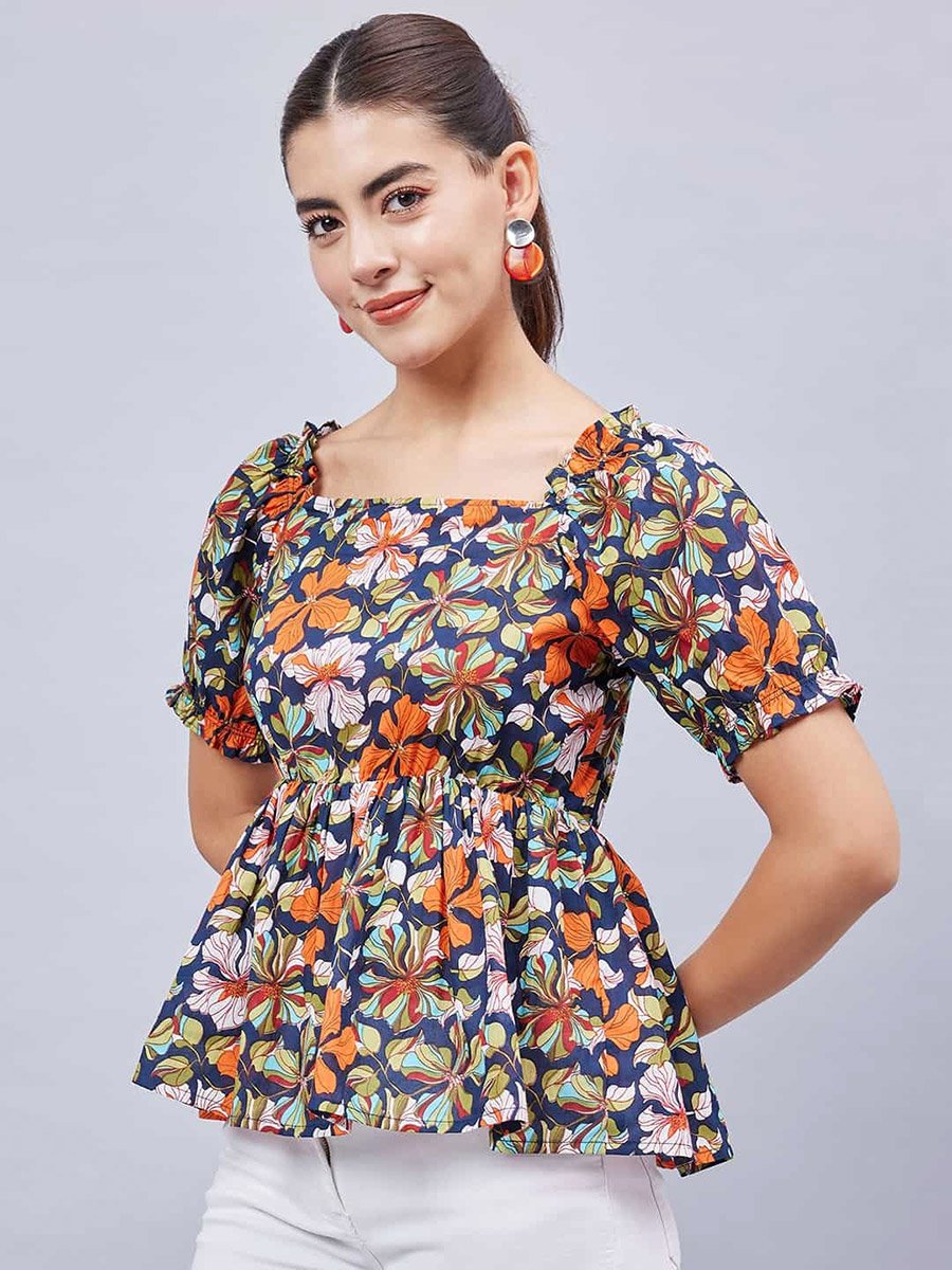 Women Navy Floral Puff Sleeve Top