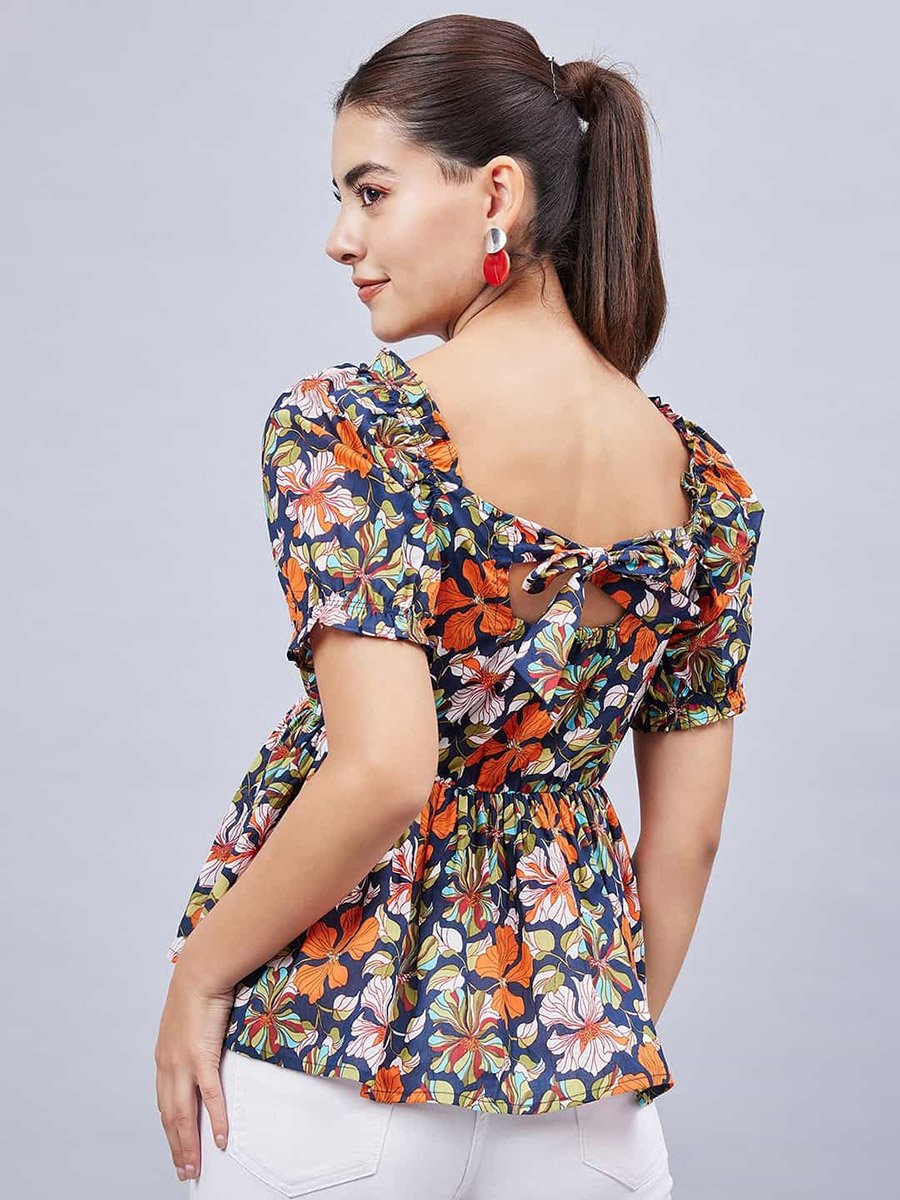 Women Navy Floral Puff Sleeve Top