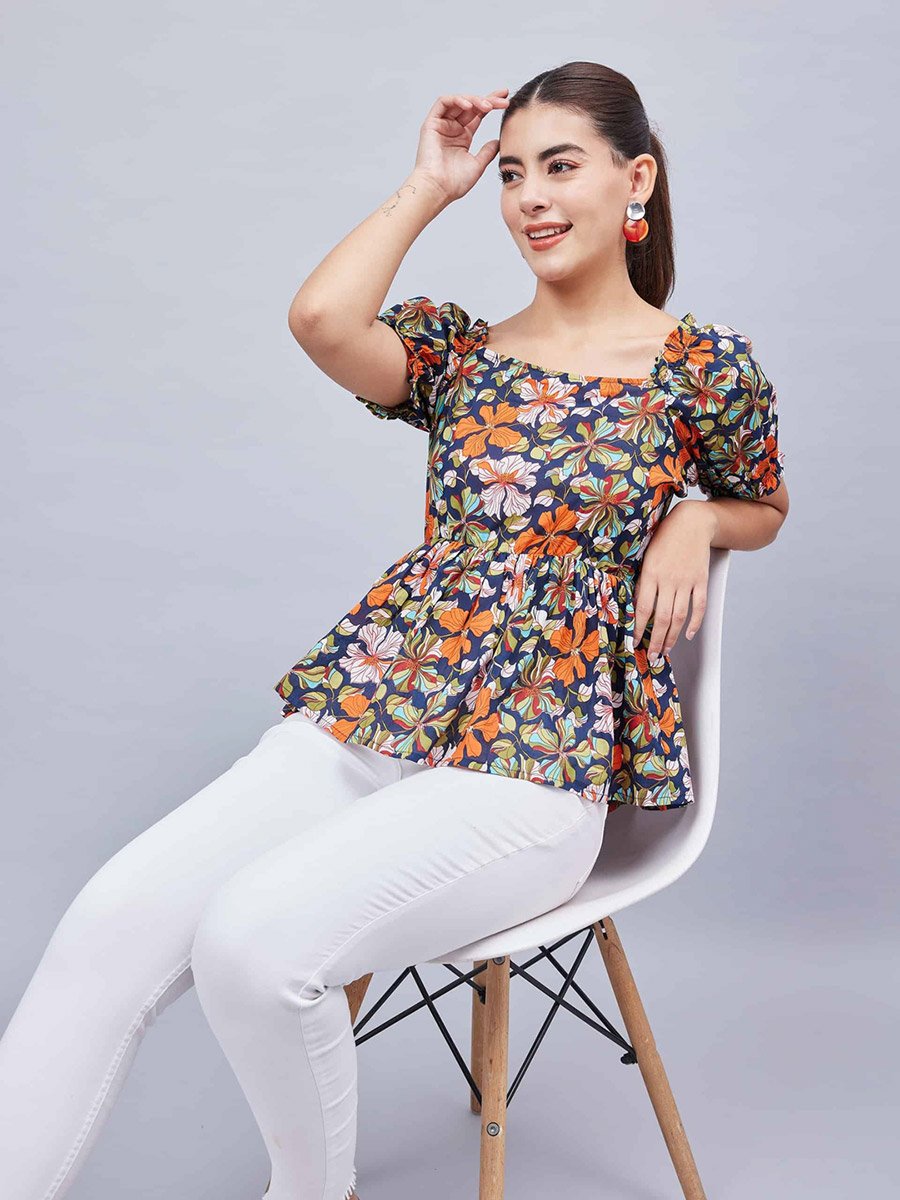 Women Navy Floral Puff Sleeve Top