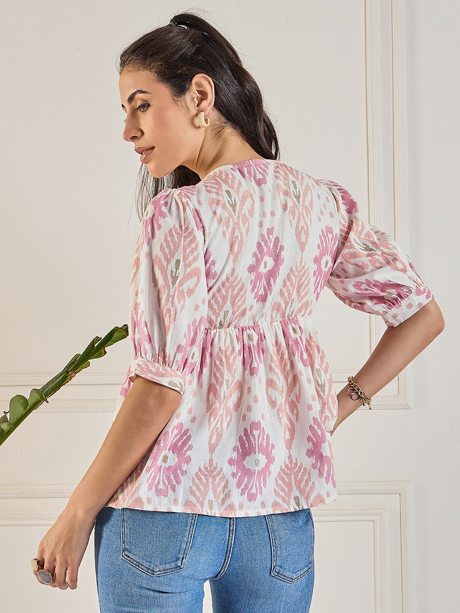 Women Off White Print Ruched Top