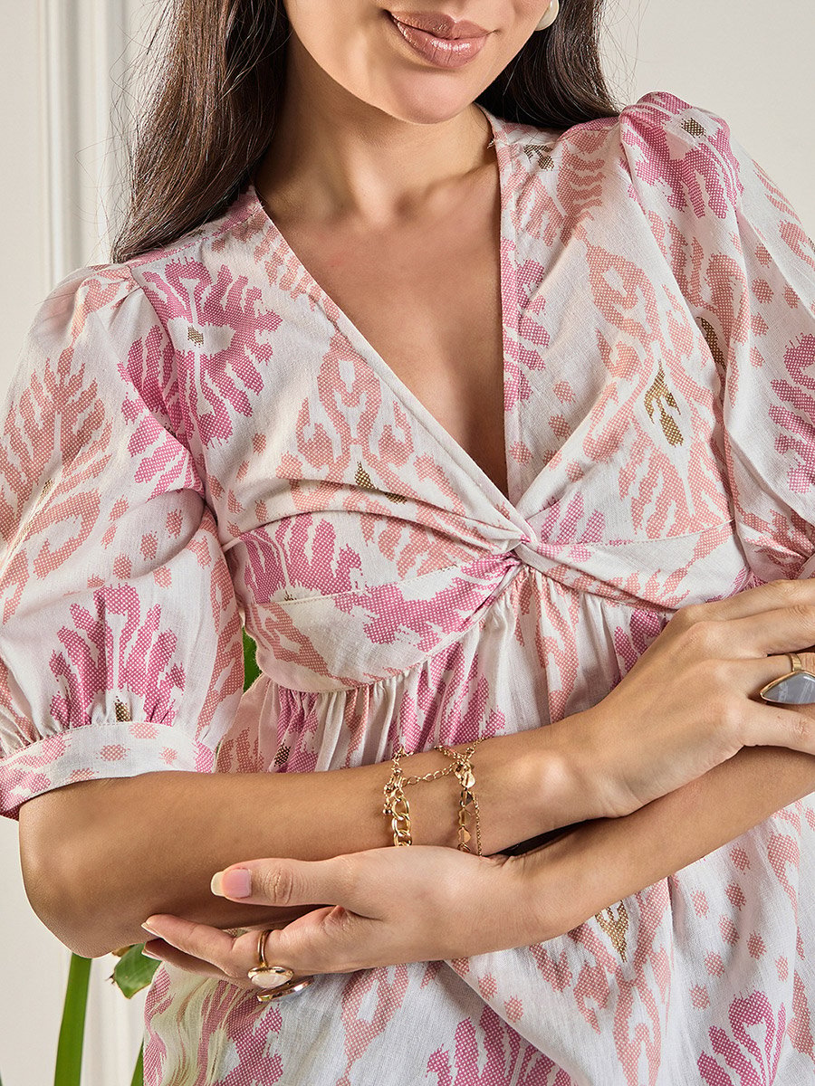 Women Off White Print Ruched Top