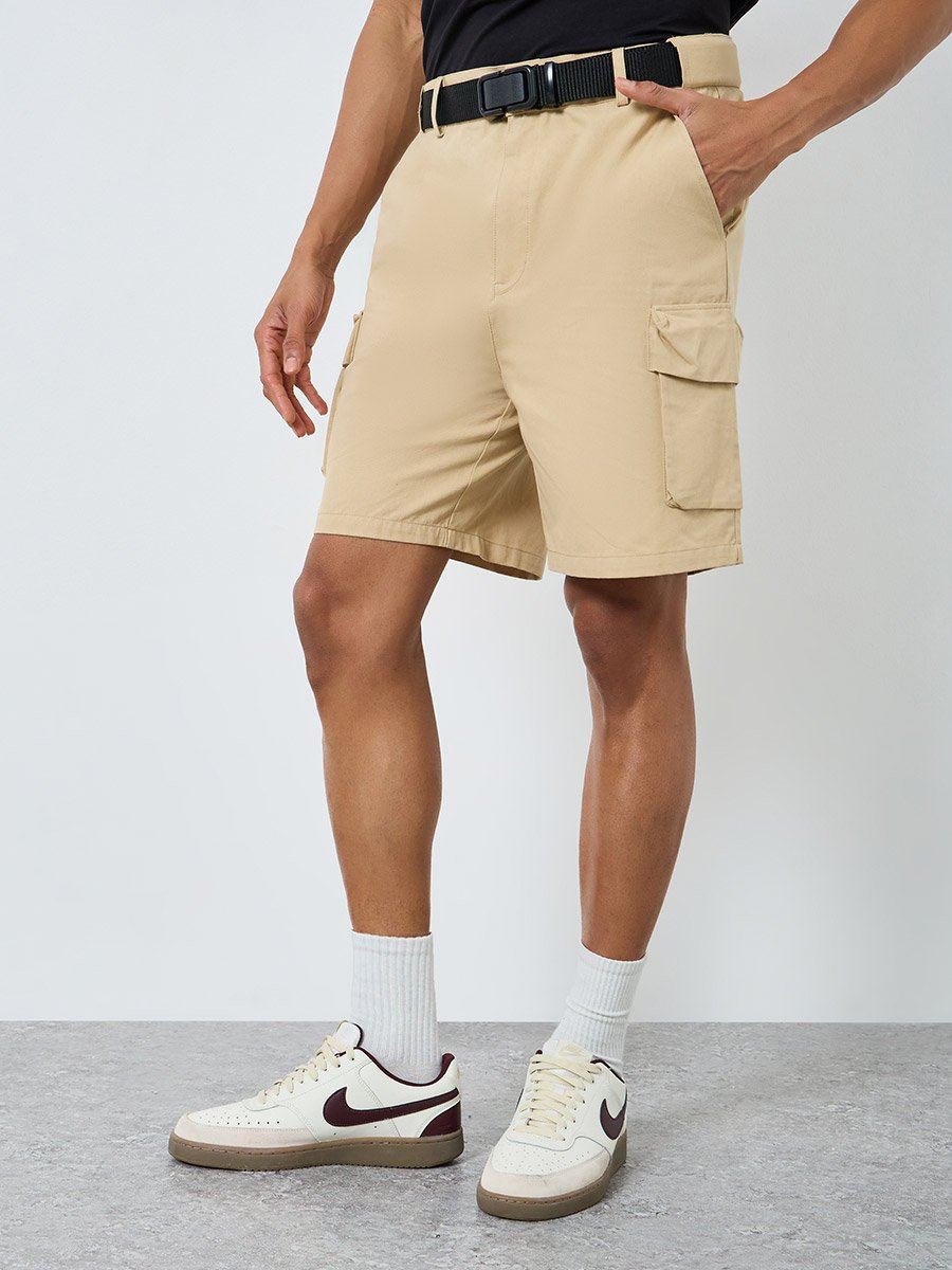 Men Beige Oversized Cargo Shorts