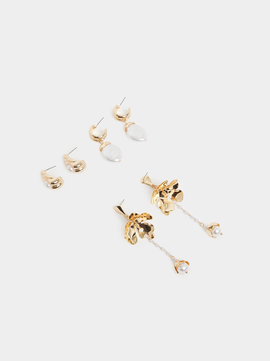 Pack of 3 - Flower and Pearl Dangle Earrings