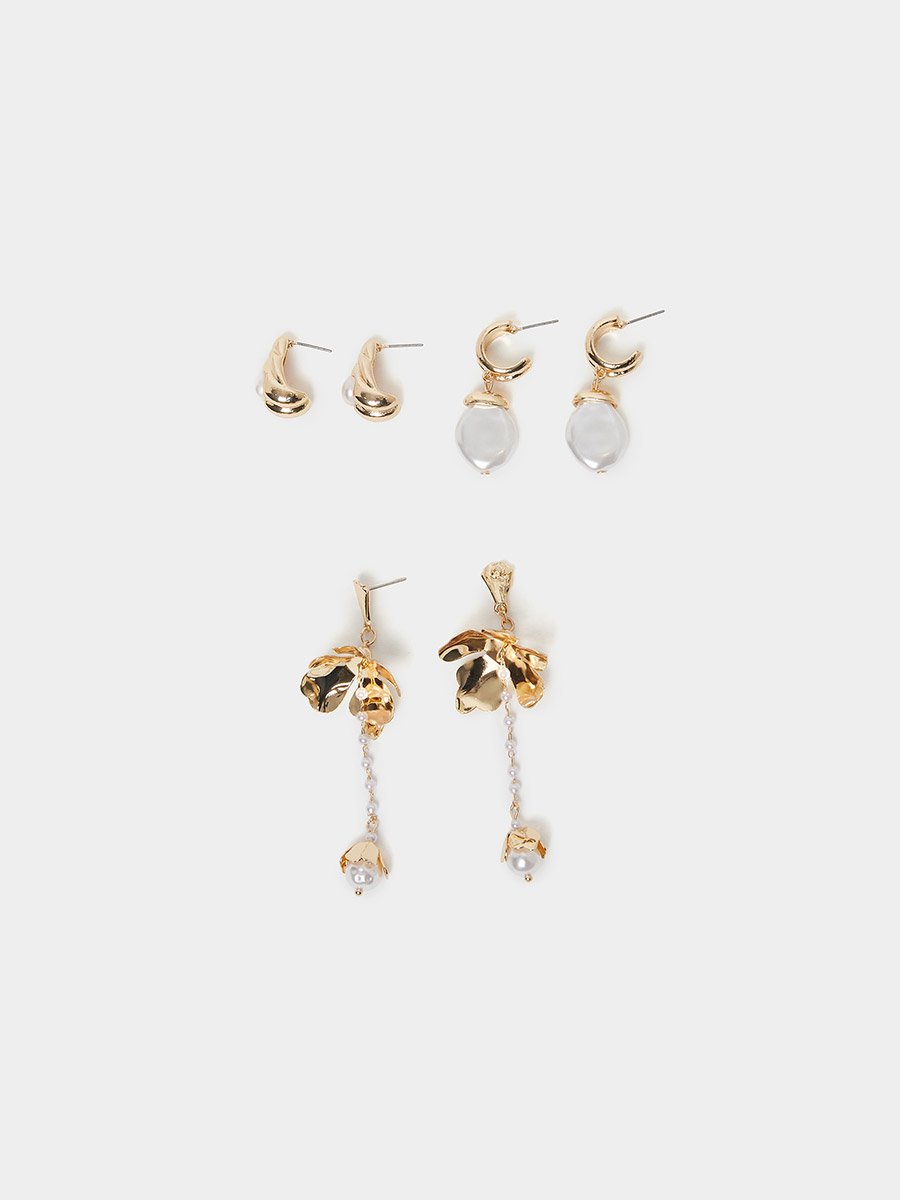 Pack of 3 - Flower and Pearl Dangle Earrings