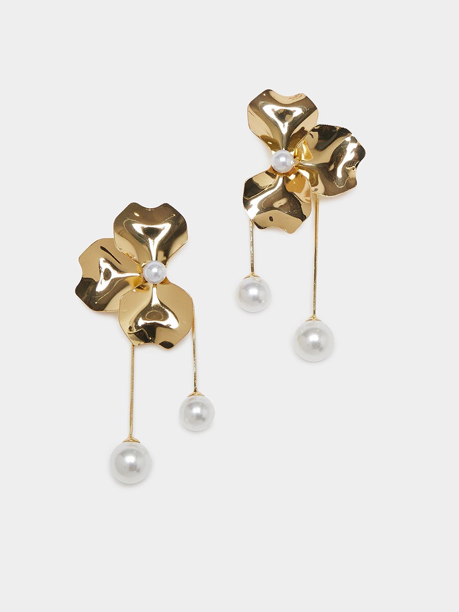 Women Gold Floral Pearl Drop Earrings