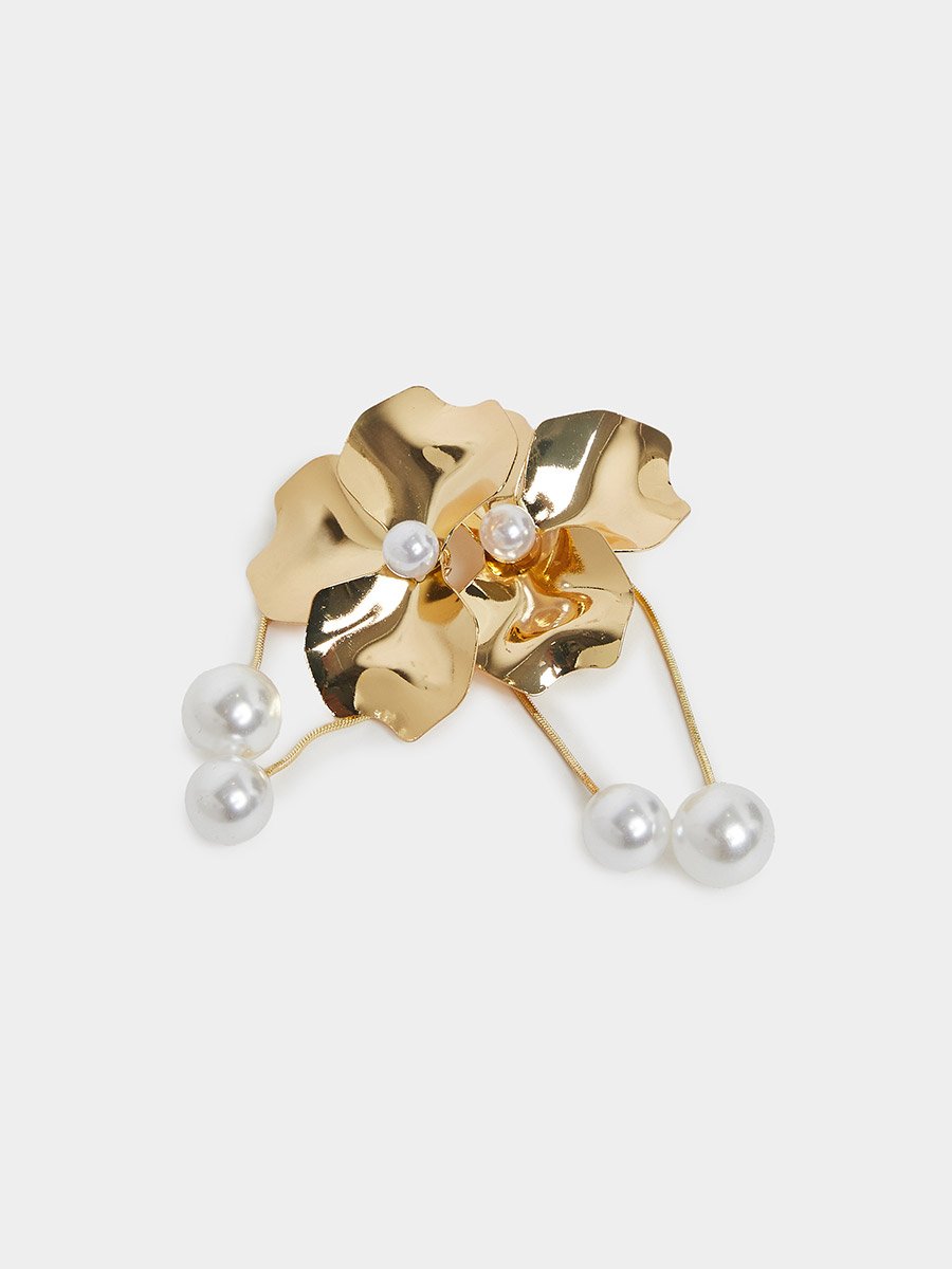 Women Gold Floral Pearl Drop Earrings