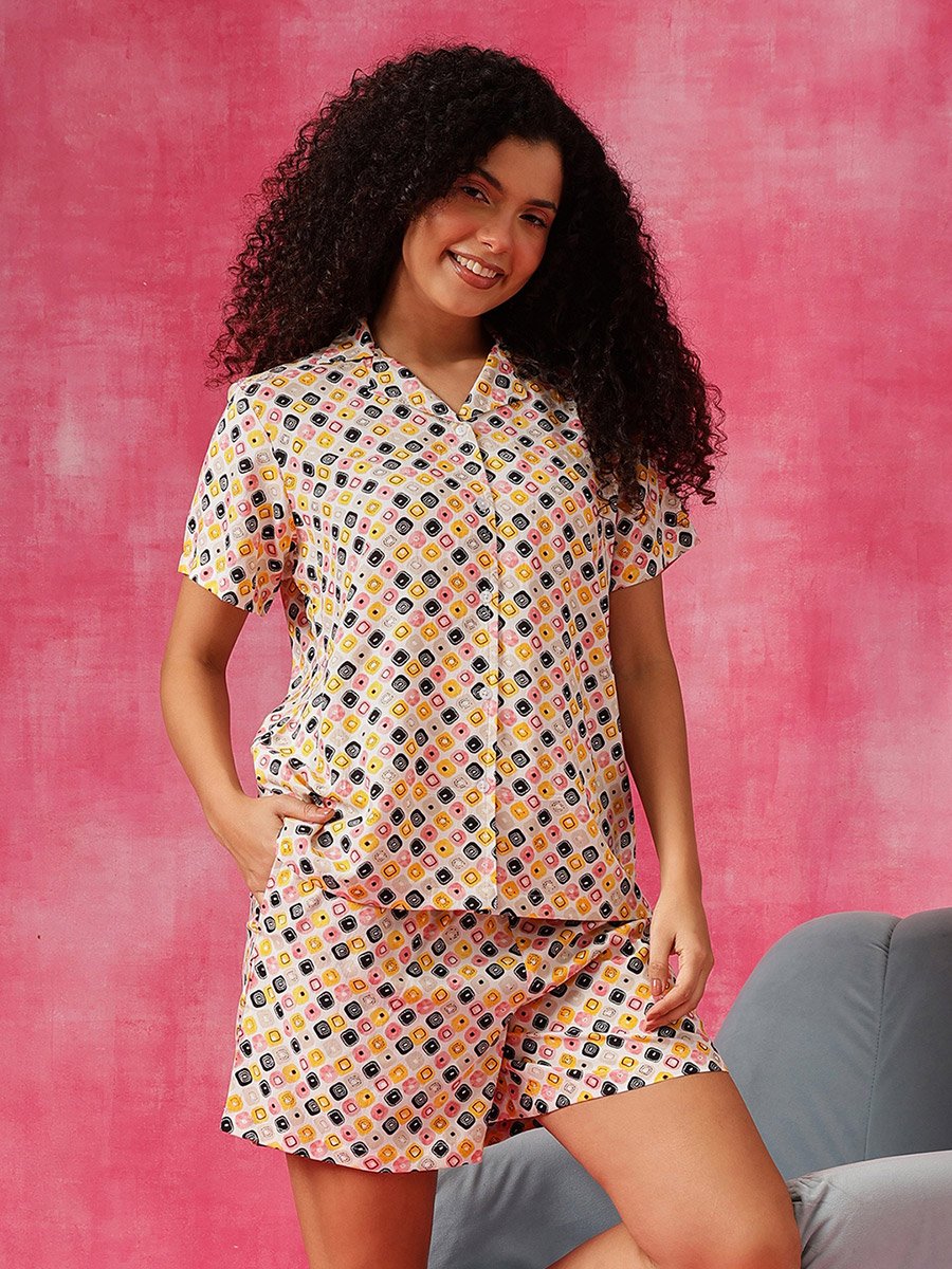 Geometric Print Button Down Shirt and Shorts Set