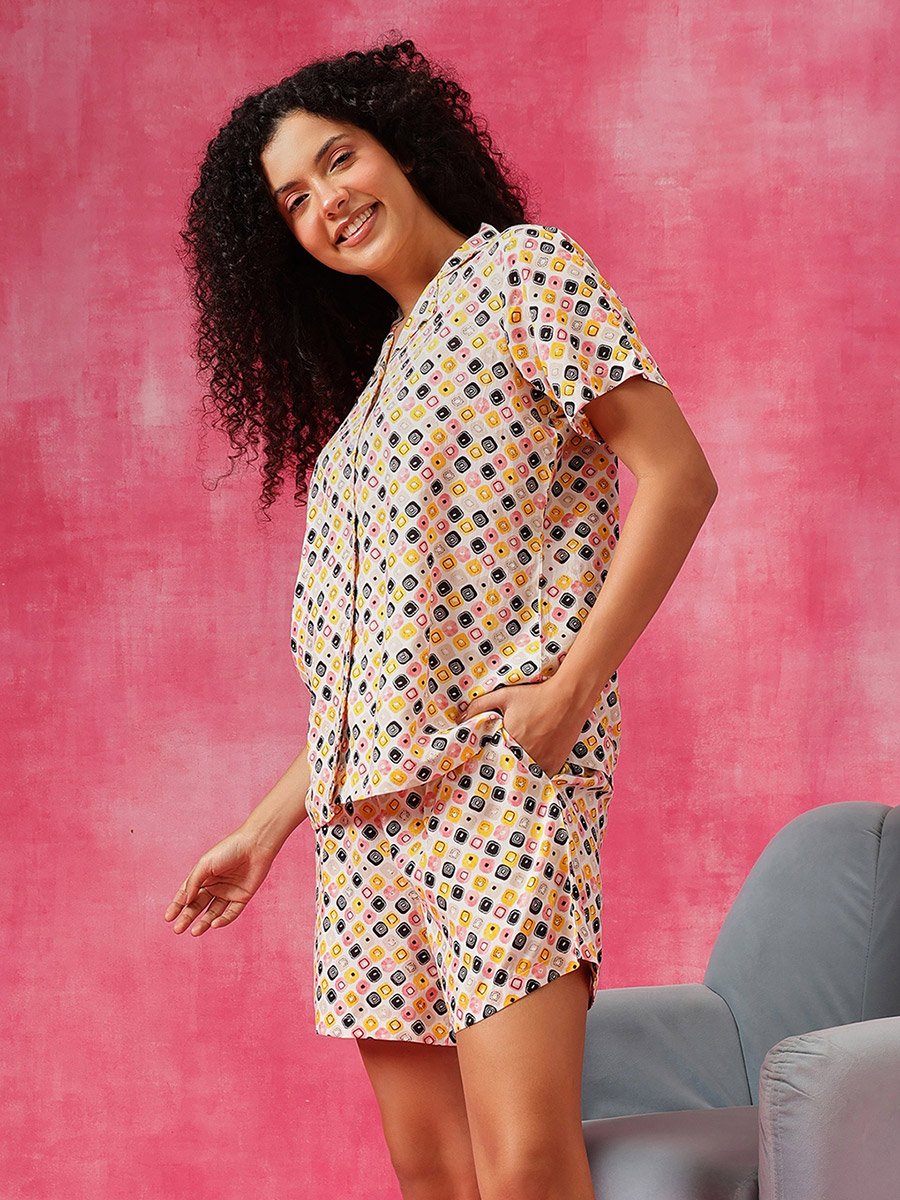 Geometric Print Button Down Shirt and Shorts Set
