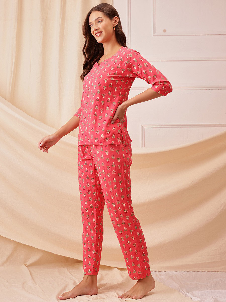 Rayon Floral Print Top and Pyjama Set