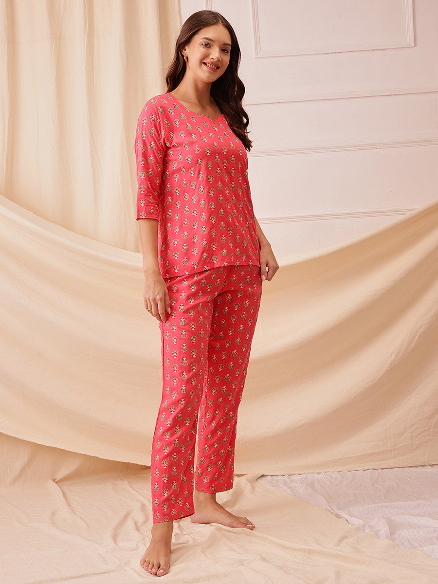 Rayon Floral Print Top and Pyjama Set