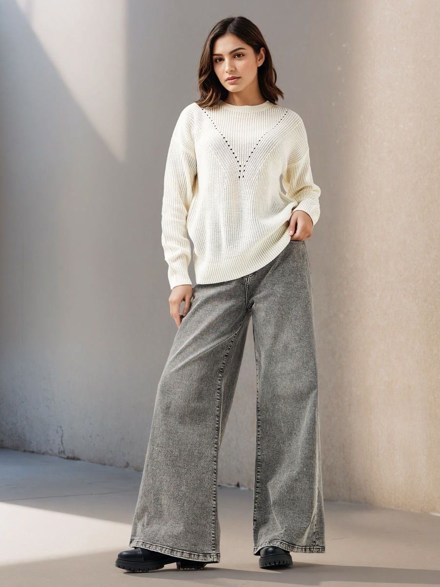 Textured Crew Neck Sweater with Long Sleeves