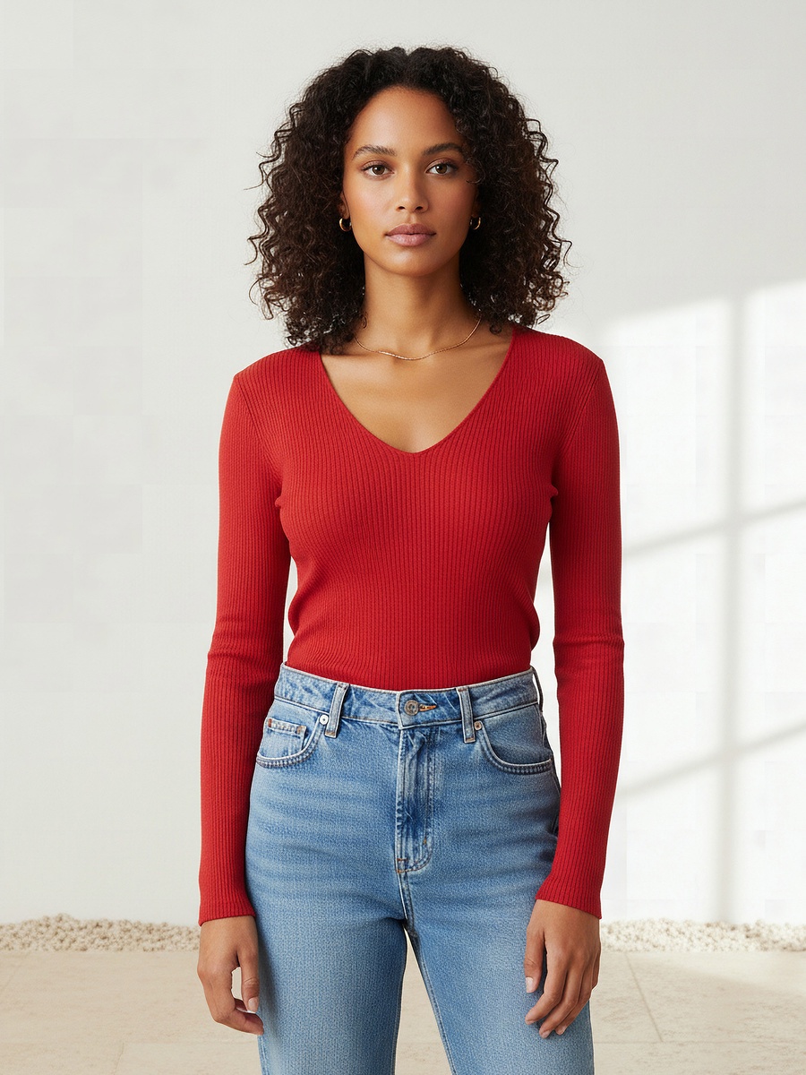 Regular Fit Ribbed V Neck Tricot Sweater