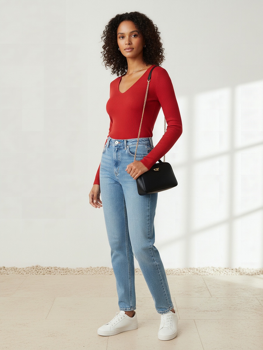 Regular Fit Ribbed V Neck Tricot Sweater