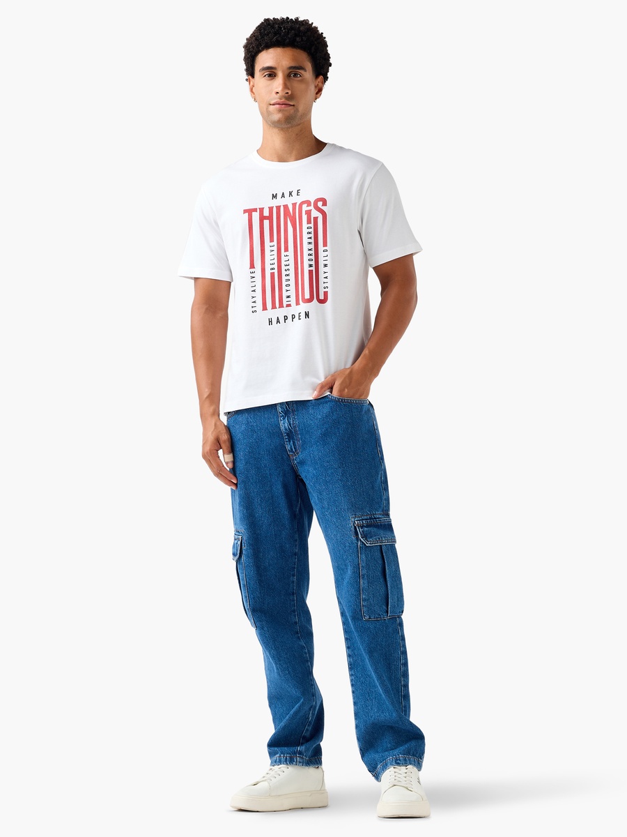 Men Regular Fit Crew Neck Short Sleeves Slogan Print T-Shirt