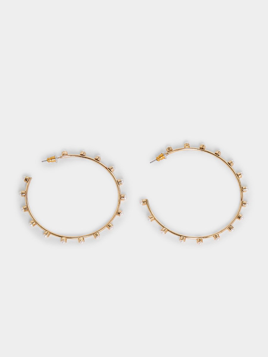 Gold Tone Hoop Earrings with Pearl Accents