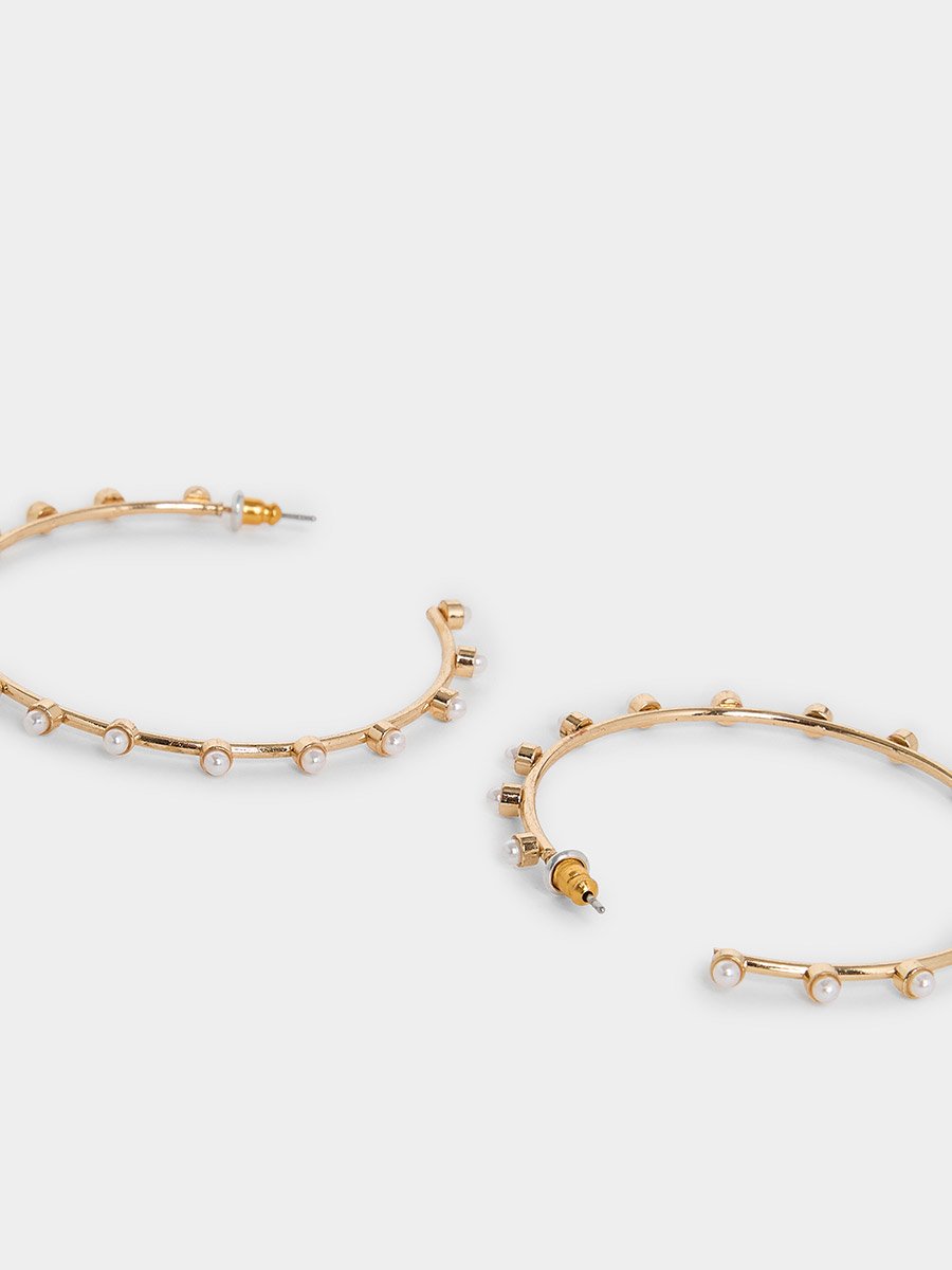 Gold Tone Hoop Earrings with Pearl Accents