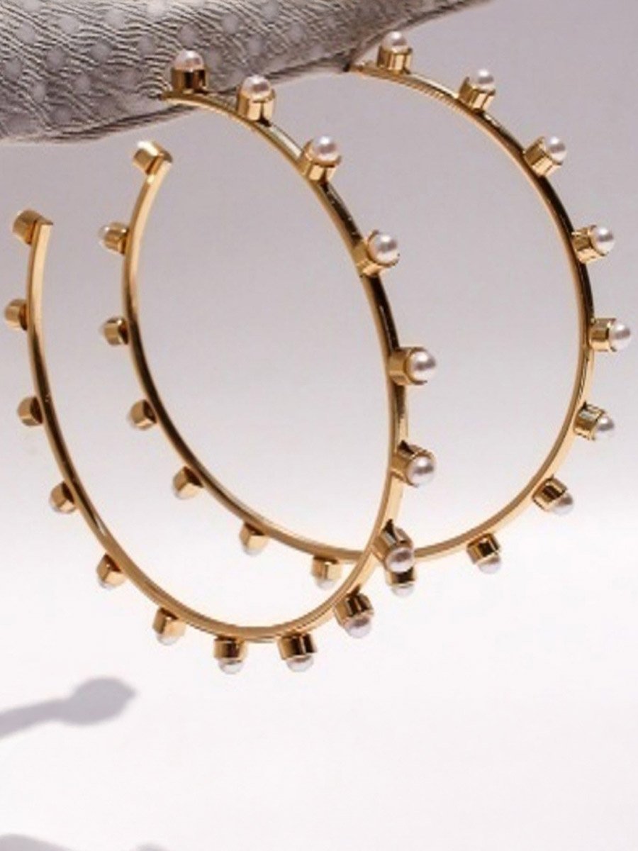 Gold Tone Hoop Earrings with Pearl Accents