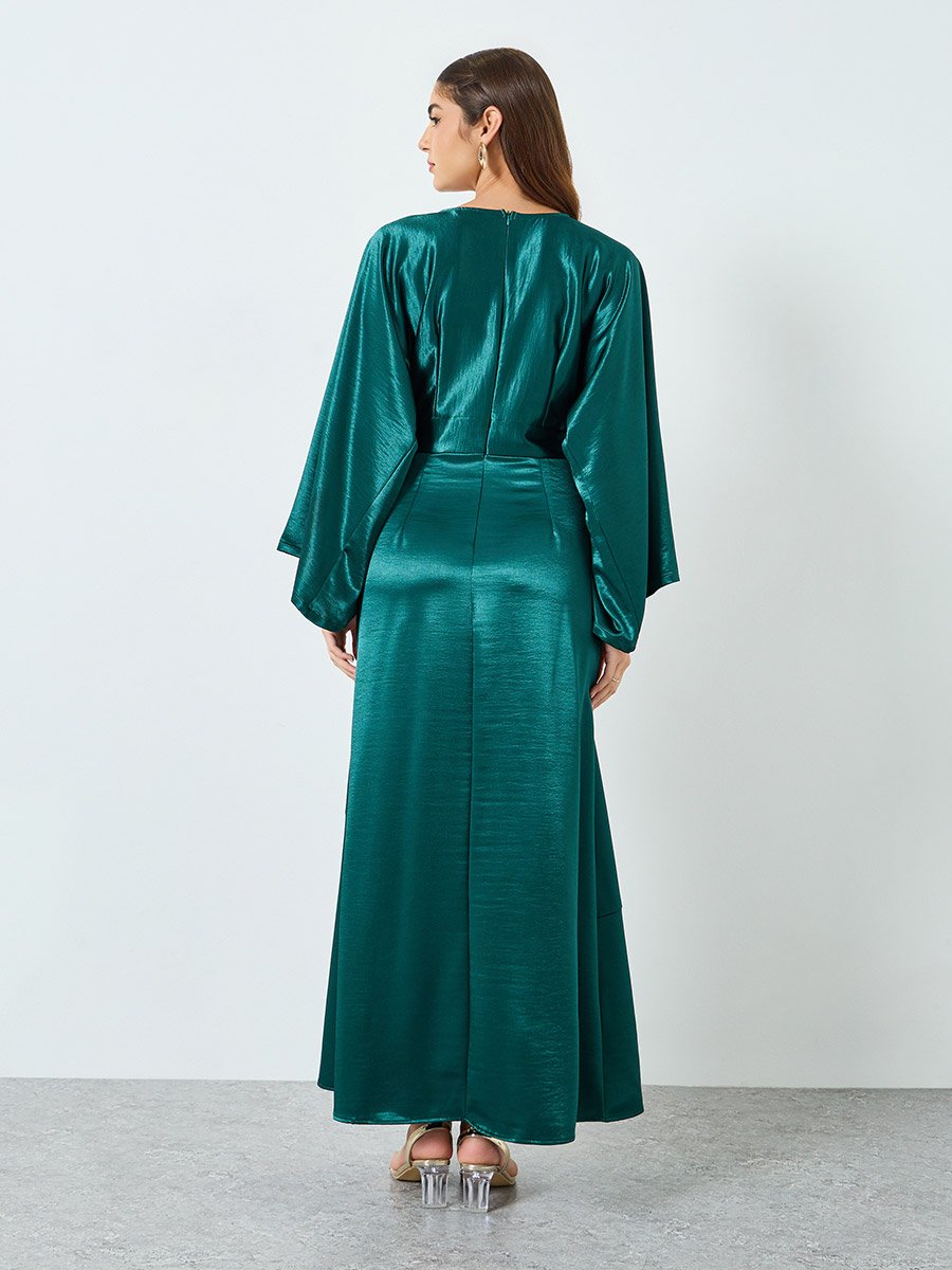 Women Teal Long Sleeves A-Line Maxi Dress