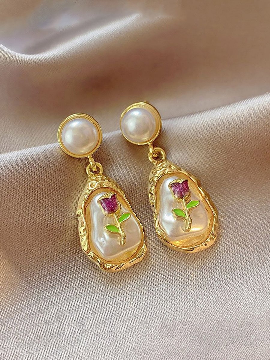 Faux Pearl 3D Flower Teardrop Drop Earrings