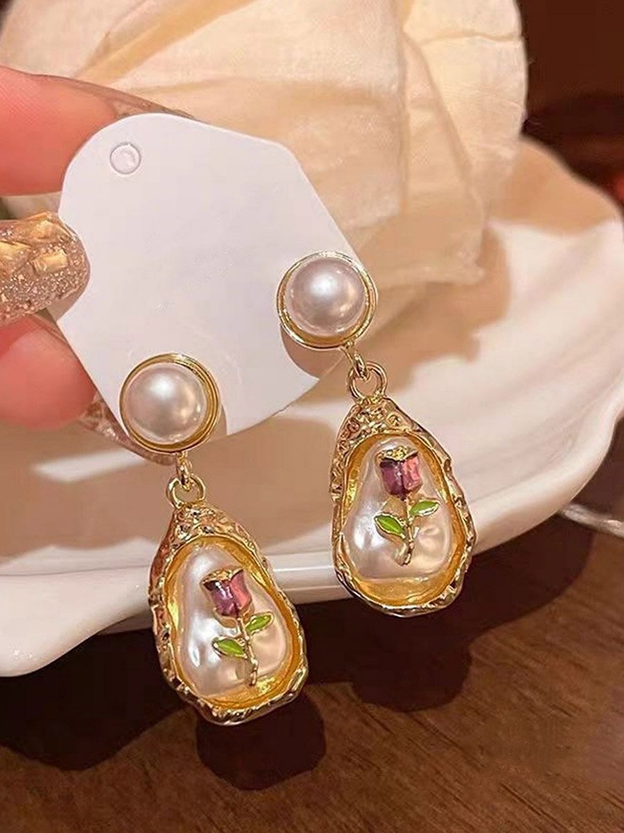Faux Pearl 3D Flower Teardrop Drop Earrings