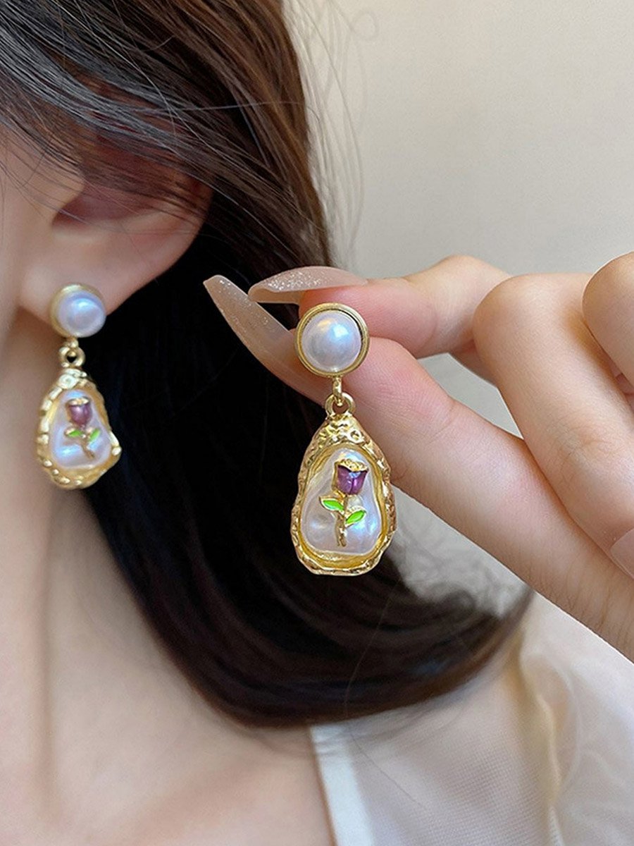 Faux Pearl 3D Flower Teardrop Drop Earrings