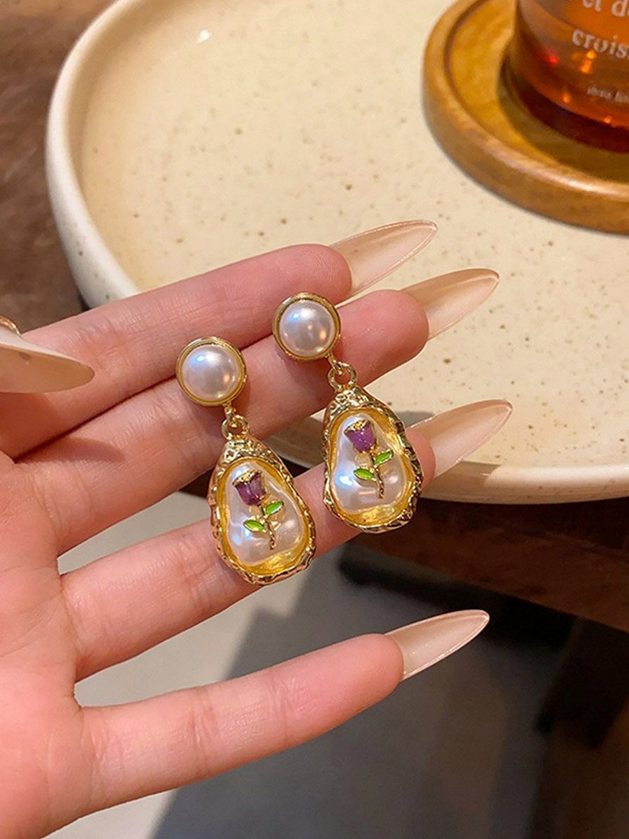 Faux Pearl 3D Flower Teardrop Drop Earrings