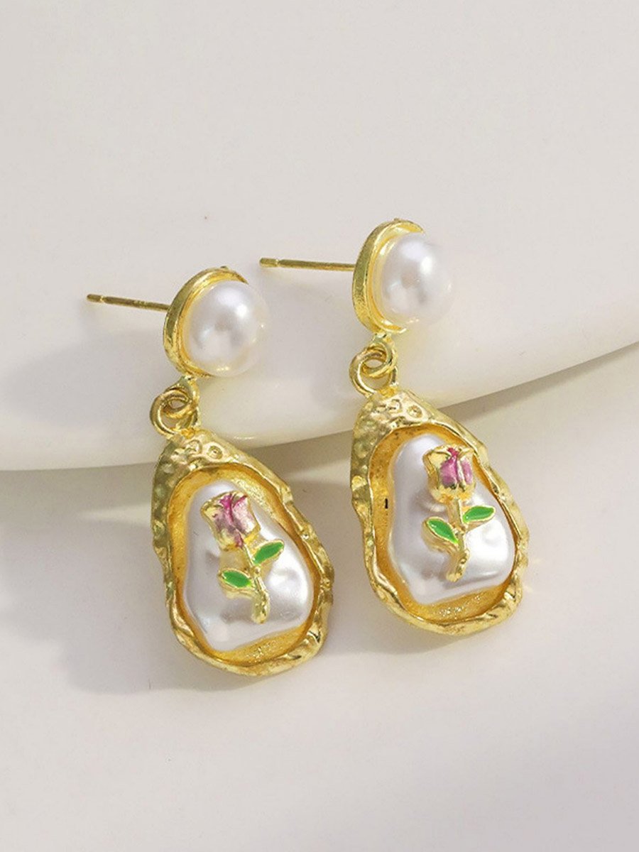 Faux Pearl 3D Flower Teardrop Drop Earrings