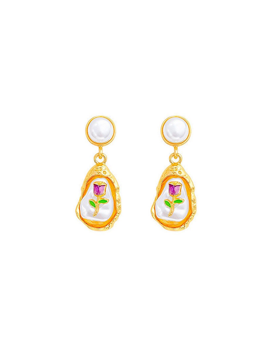 Faux Pearl 3D Flower Teardrop Drop Earrings