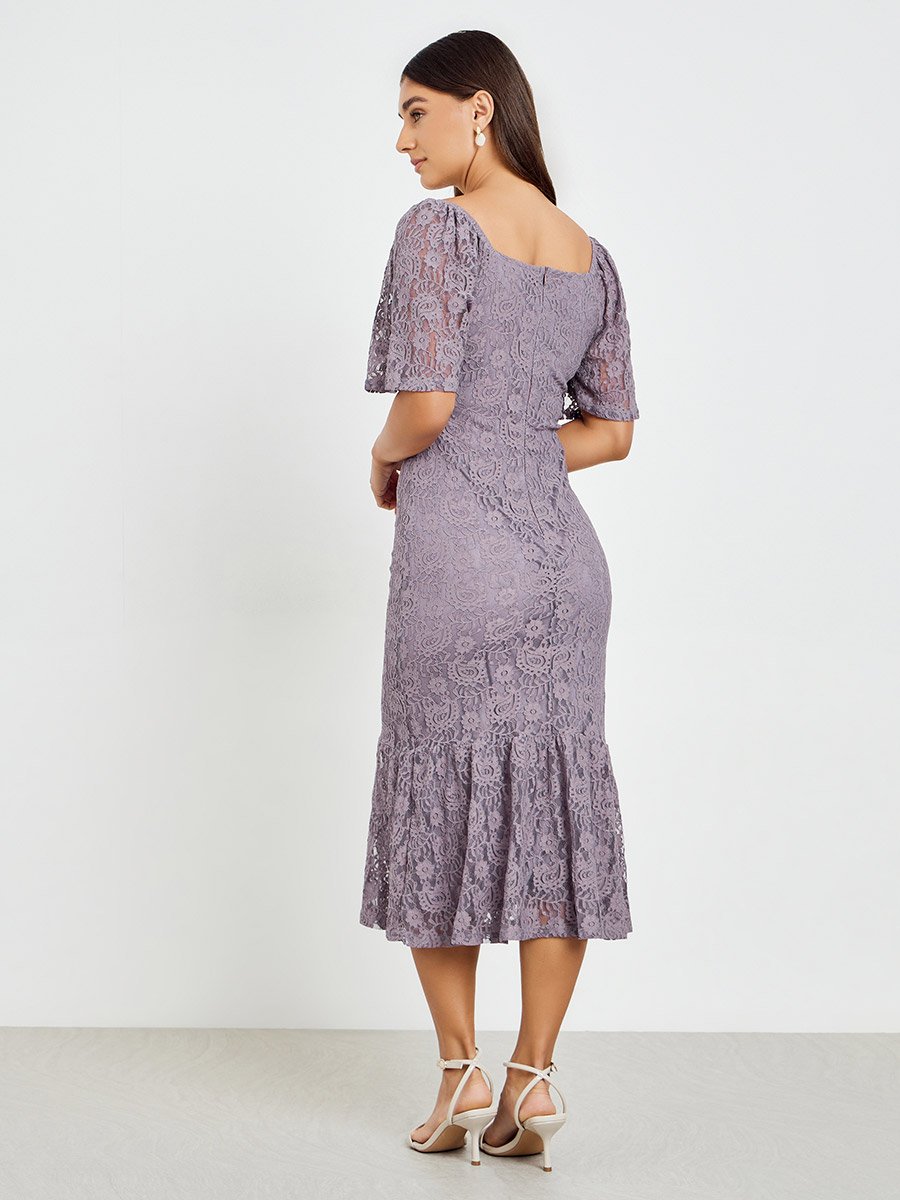 Women Purple Lace Mermaid Hem Midi Dress