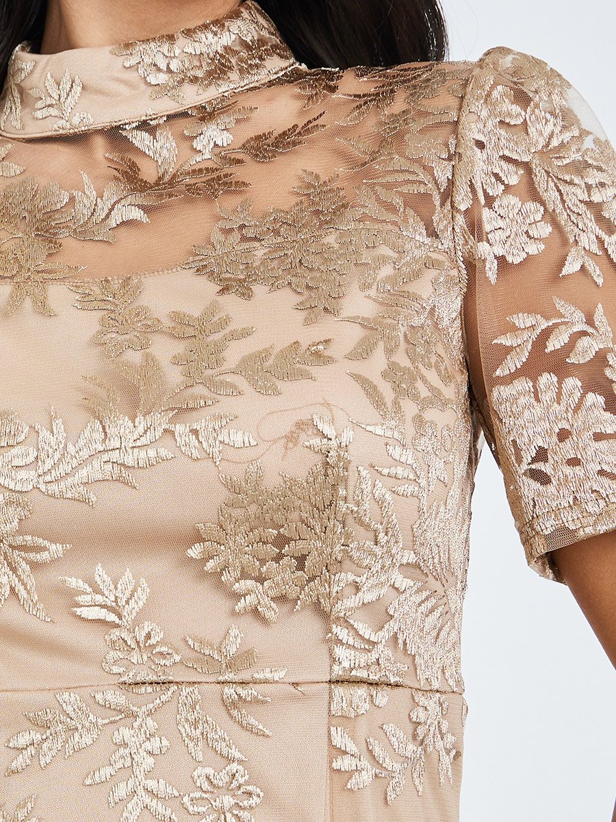 Beige All-Lace Mermaid Hem Midi Dress
