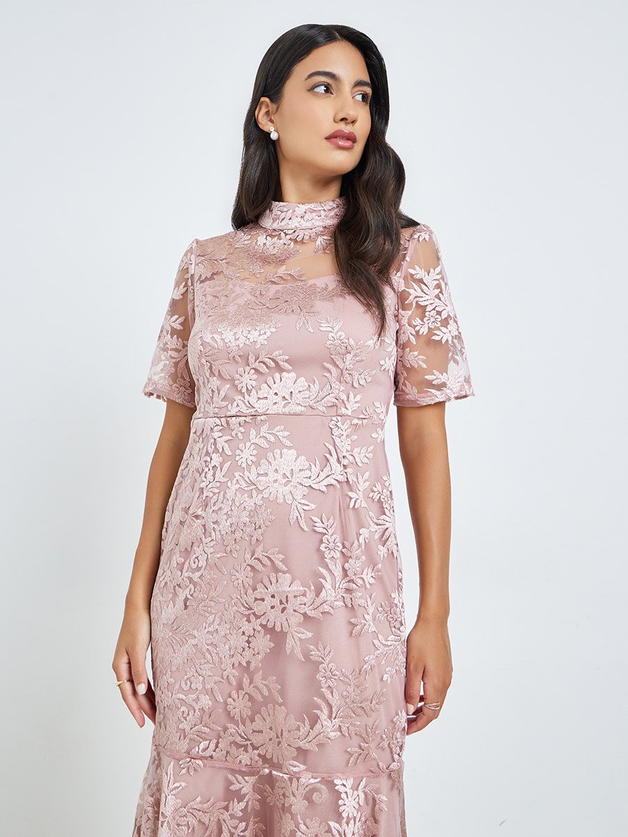 Pink All-Lace Mermaid Hem Midi Dress