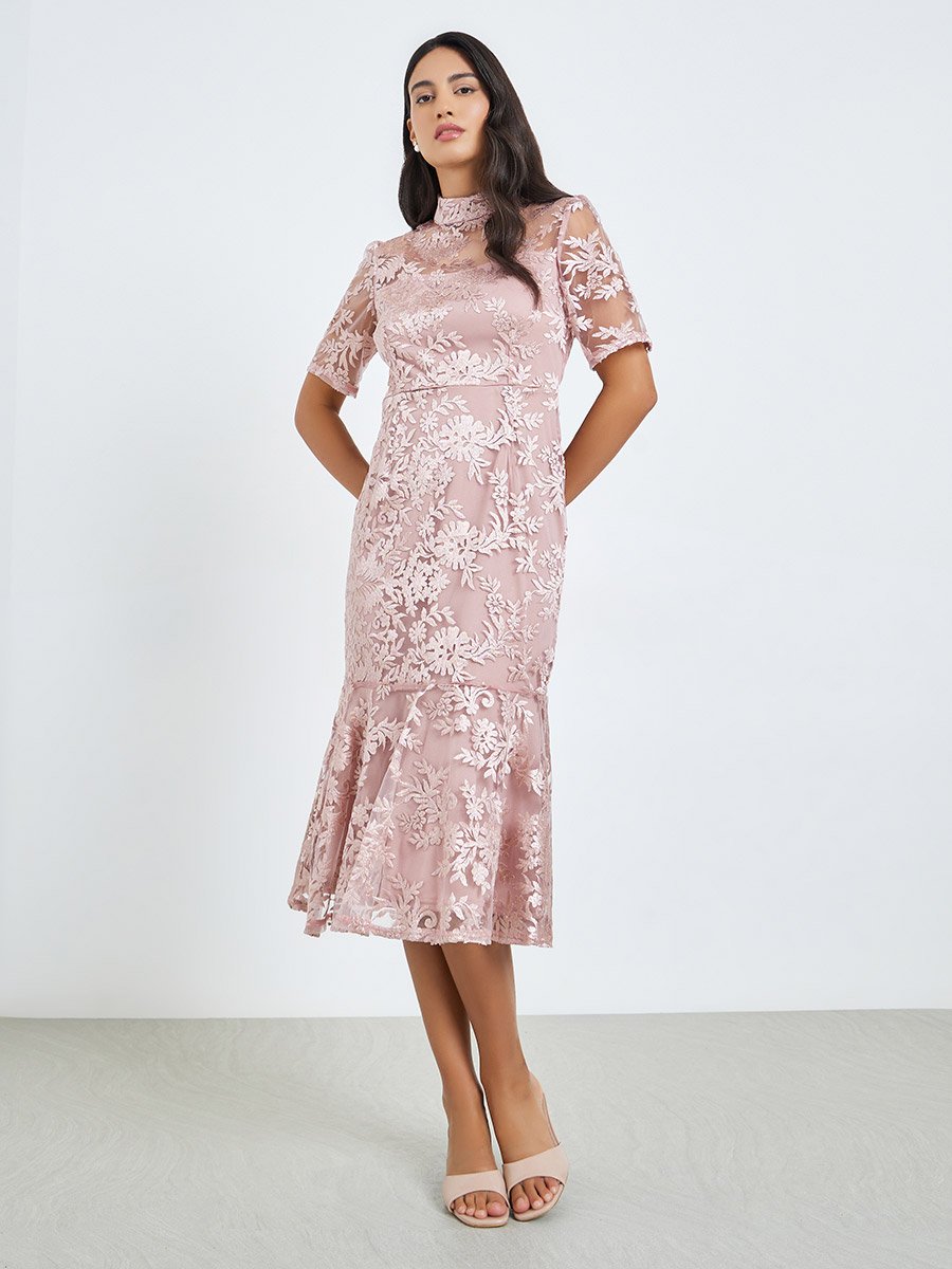 Pink All-Lace Mermaid Hem Midi Dress