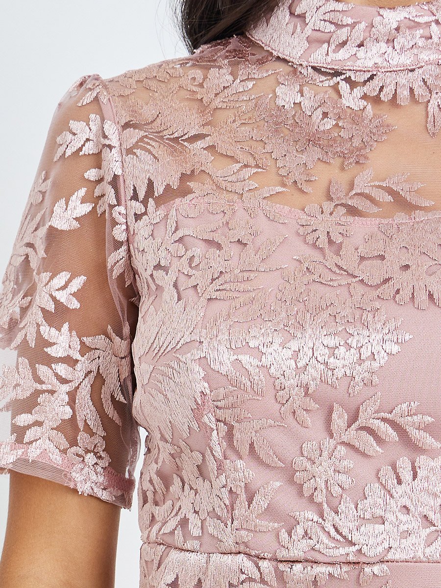 Pink All-Lace Mermaid Hem Midi Dress